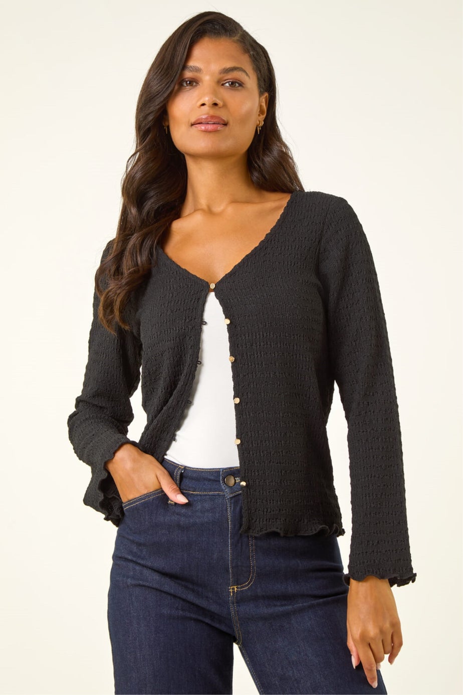 Roman Black Textured V-Neck Blouse