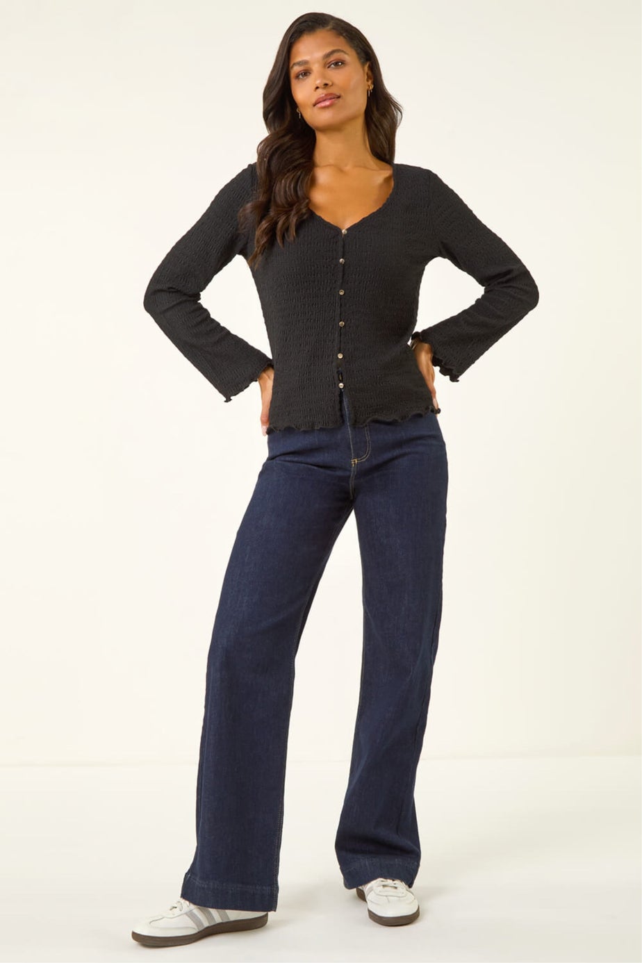 Roman Black Textured V-Neck Blouse