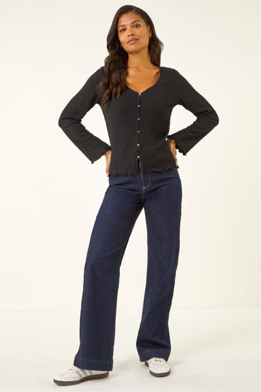 Roman Black Textured V-Neck Blouse