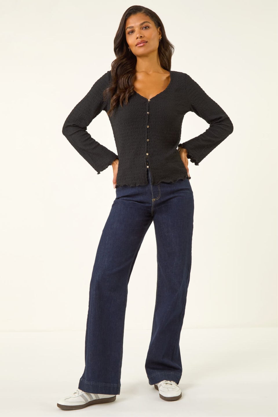 Roman Black Textured V-Neck Blouse