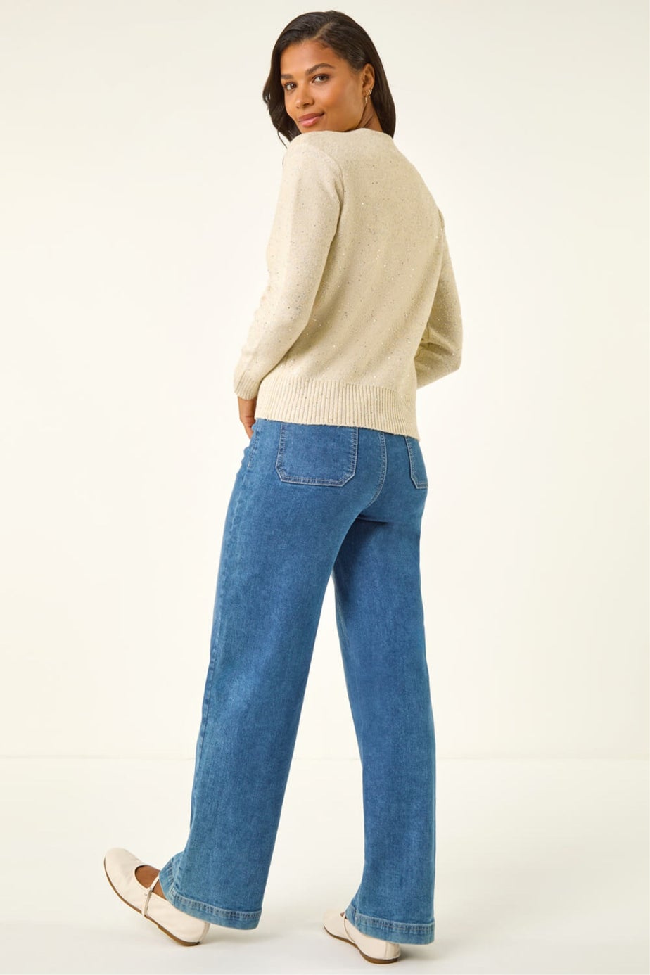 Roman Cream Sequin V-Neck Buttoned Cardigan