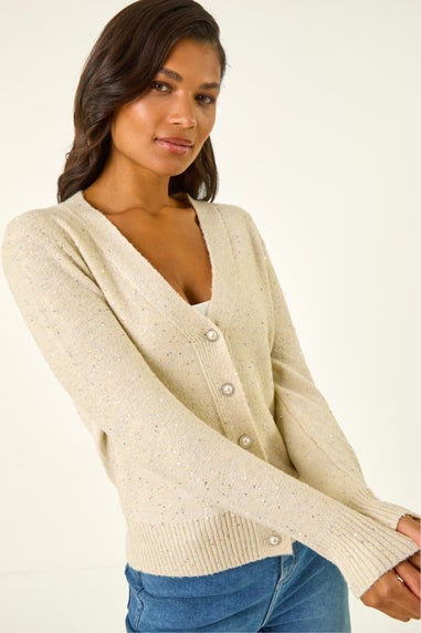 Roman Cream Sequin V-Neck Buttoned Cardigan