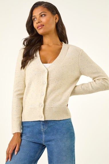 Roman Cream Sequin V-Neck Buttoned Cardigan