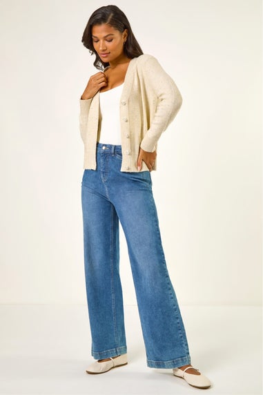 Roman Cream Sequin V-Neck Buttoned Cardigan