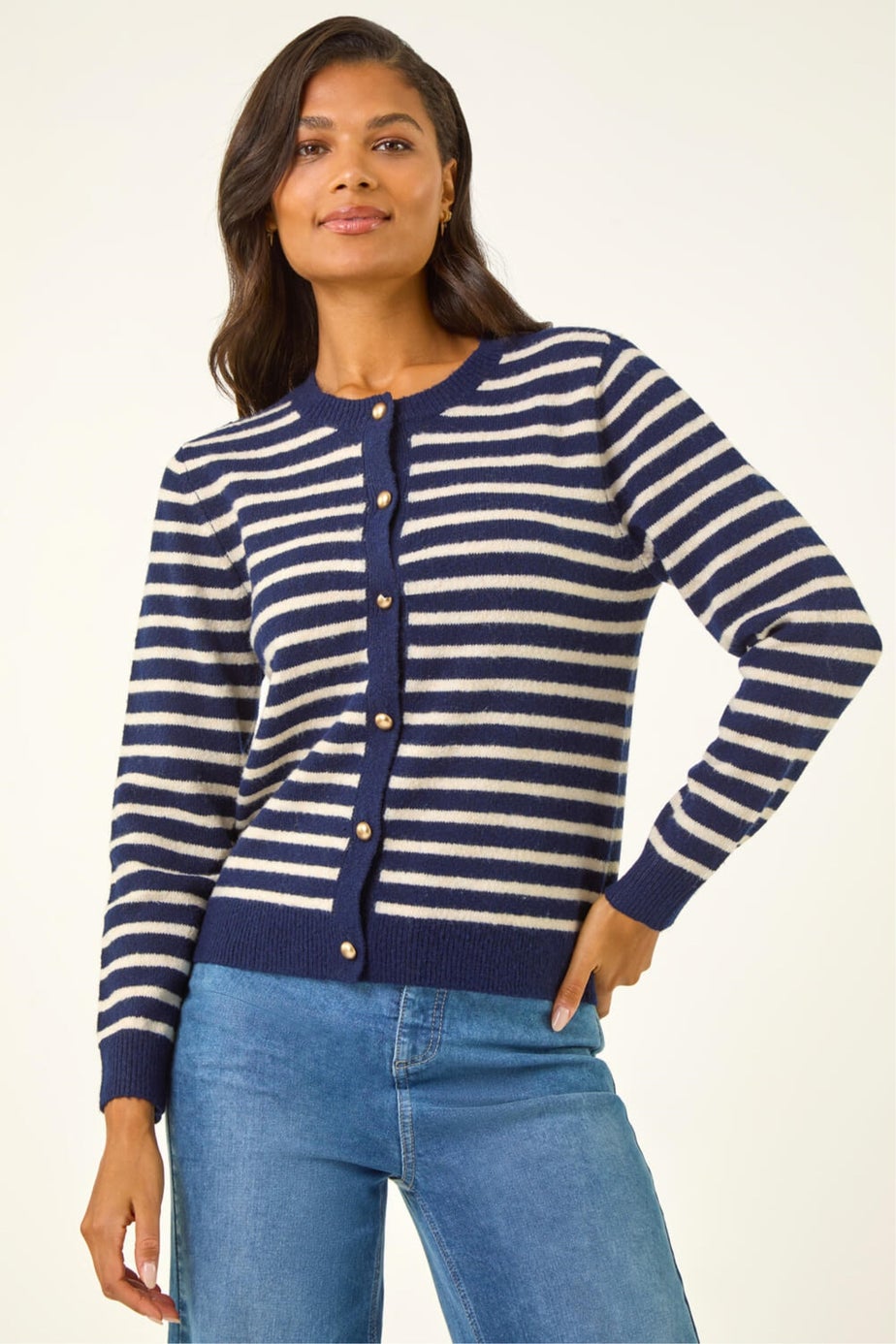 Roman Navy Soft Stripe Button Knit Cardigan