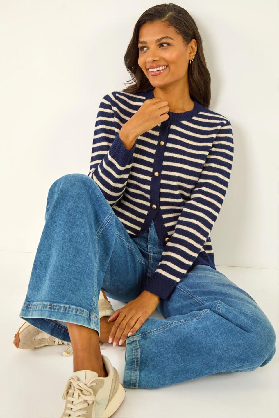 Roman Navy Soft Stripe Button Knit Cardigan