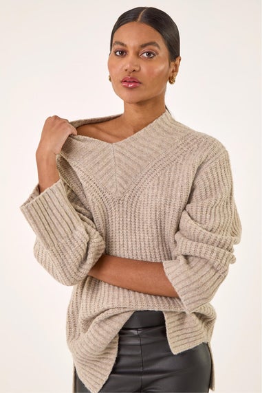 Roman Beige Chunky V-Neck Knit Jumper