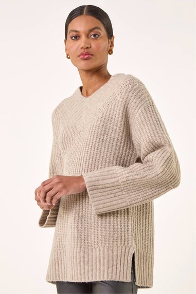 Roman Beige Chunky V-Neck Knit Jumper