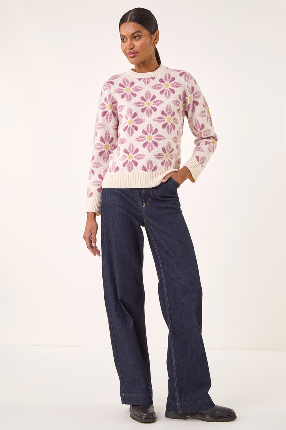 Roman Ivory Floral Crew Neck Knit Jumper