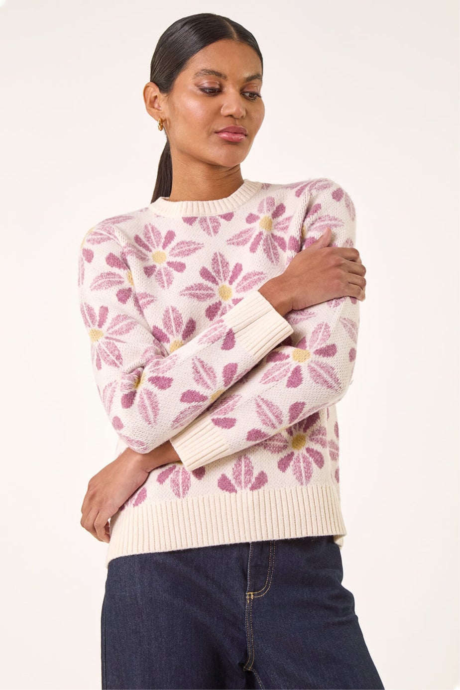 Roman Ivory Floral Crew Neck Knit Jumper