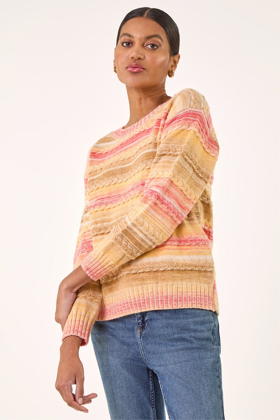 Roman Beige Cable Stripe Knit Jumper