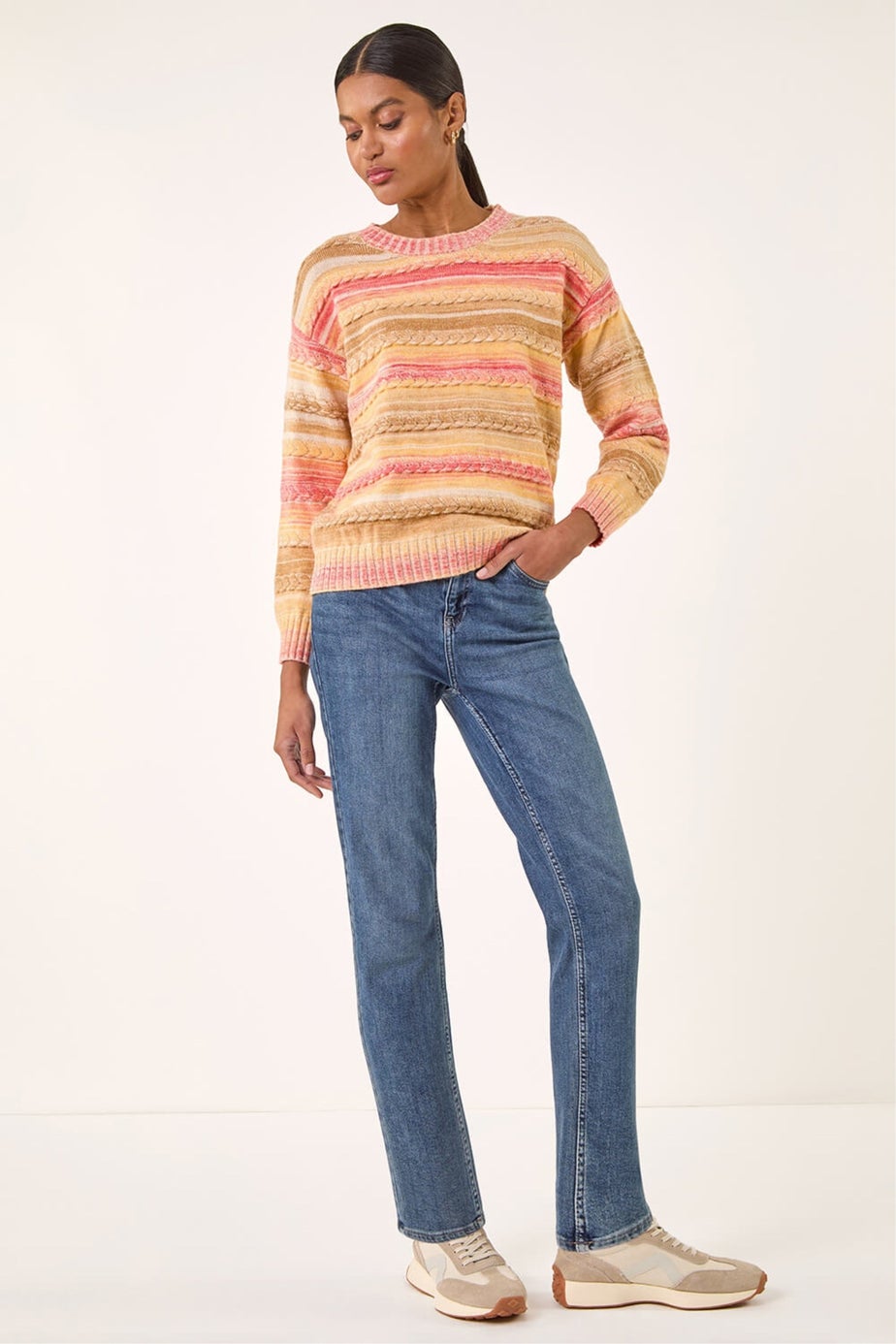 Roman Beige Cable Stripe Knit Jumper