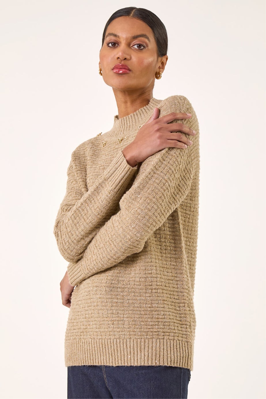 Roman Taupe Sequin Bow Embellished Knit Jumper