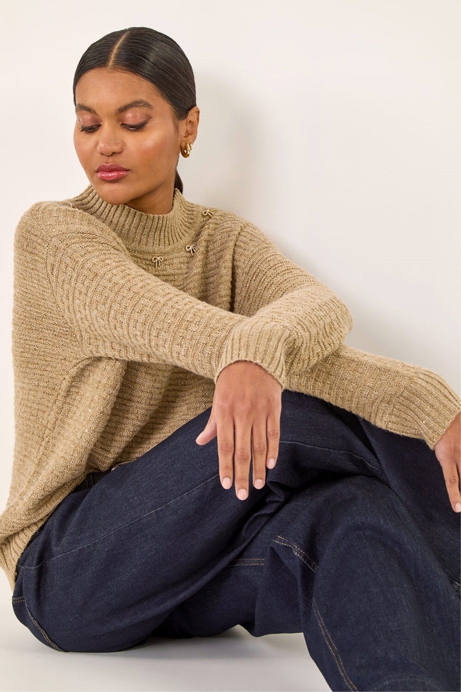 Roman Taupe Sequin Bow Embellished Knit Jumper