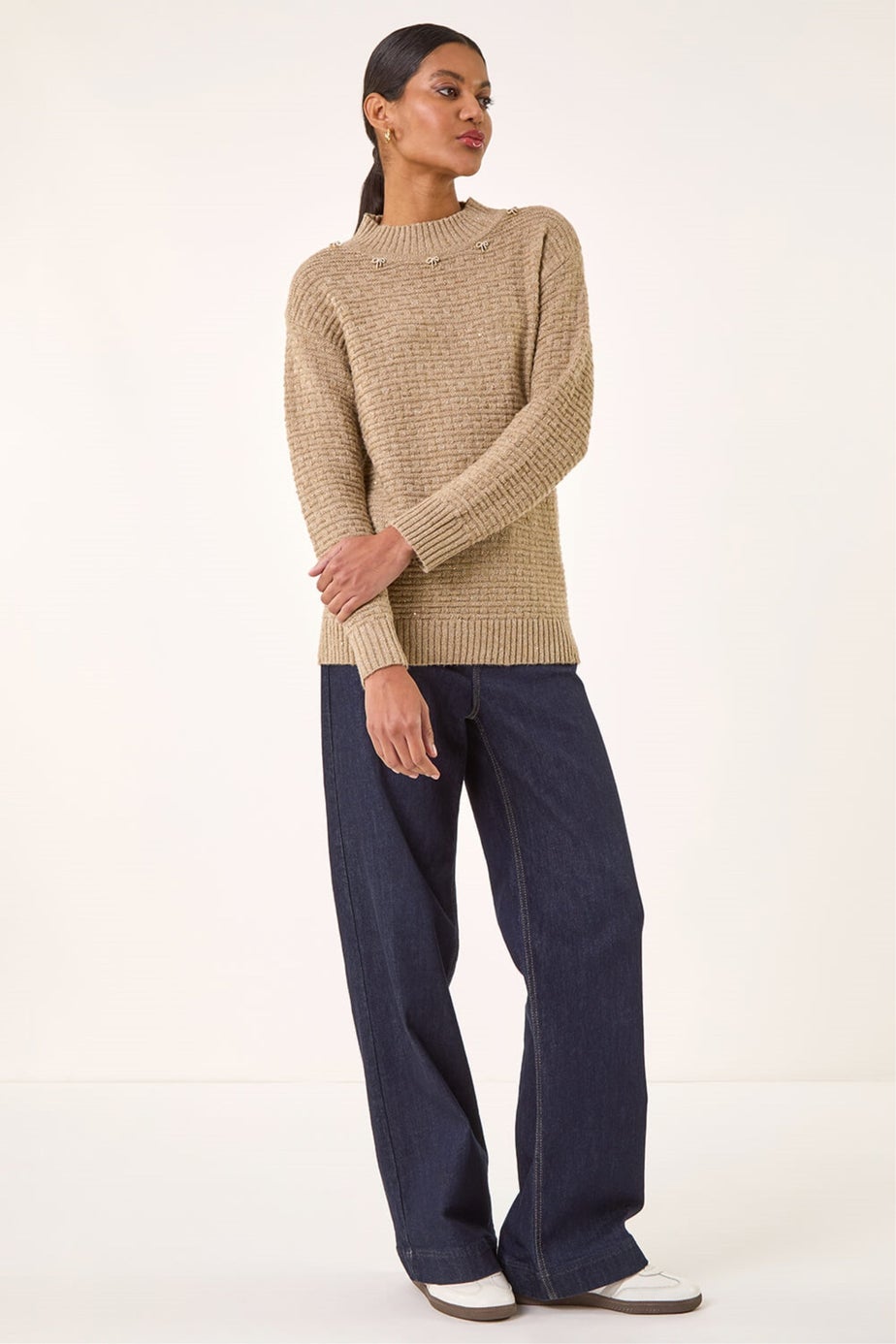 Roman Taupe Sequin Bow Embellished Knit Jumper