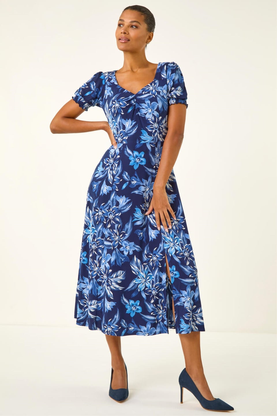 Roman Blue Floral Print Ruched Stretch Midi Dress