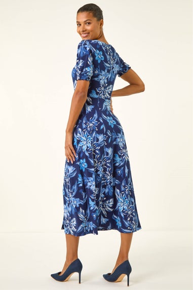 Roman Blue Floral Print Ruched Stretch Midi Dress