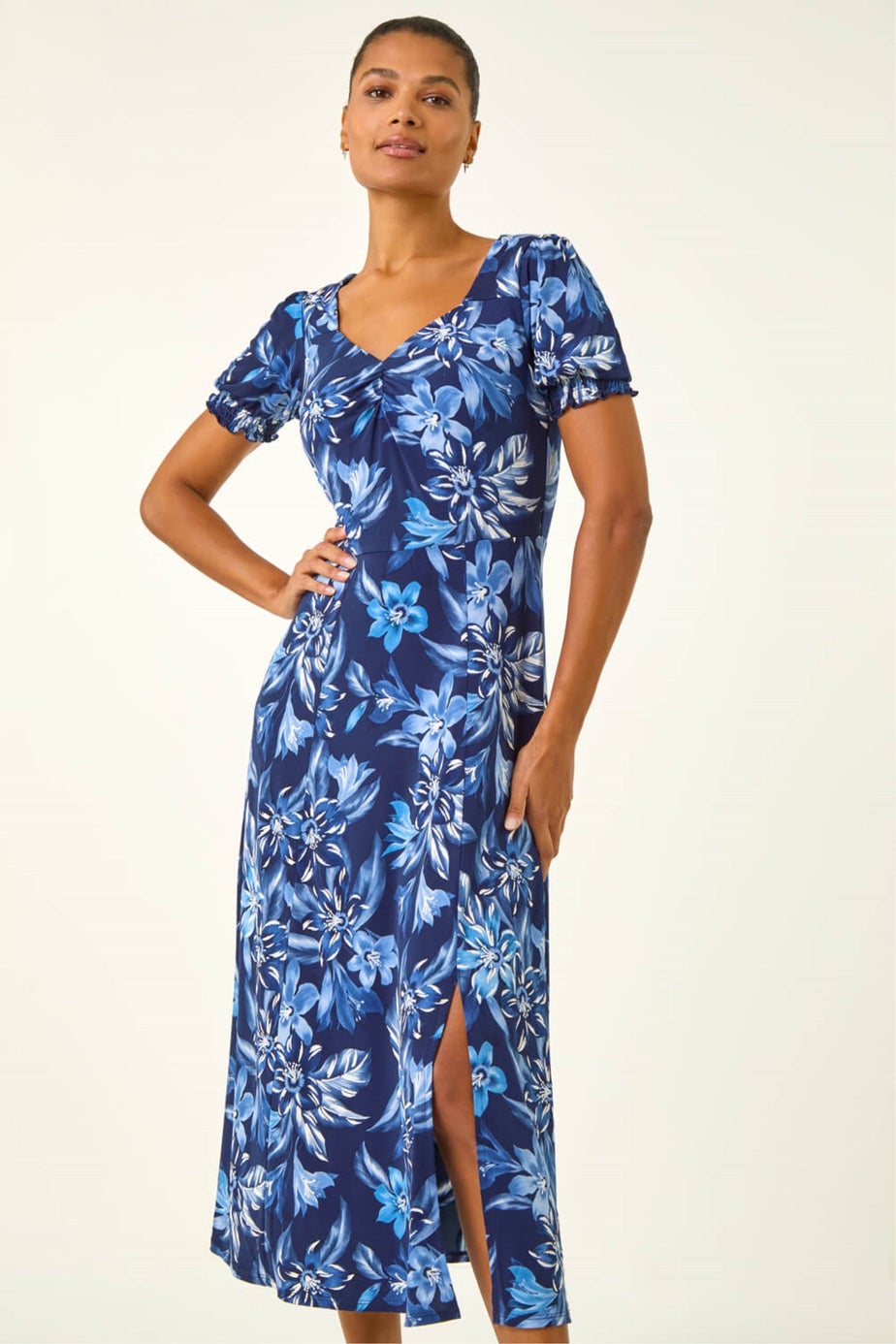 Roman Blue Floral Print Ruched Stretch Midi Dress