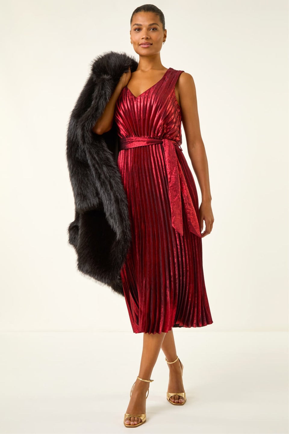 Roman Red Metallic Pleat Belted Midi Dress