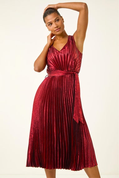 Roman Red Metallic Pleat Belted Midi Dress