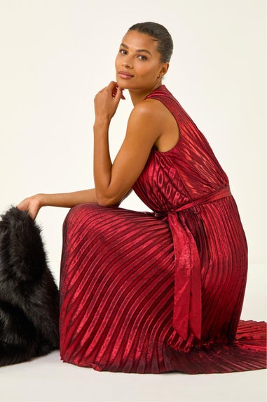Roman Red Metallic Pleat Belted Midi Dress