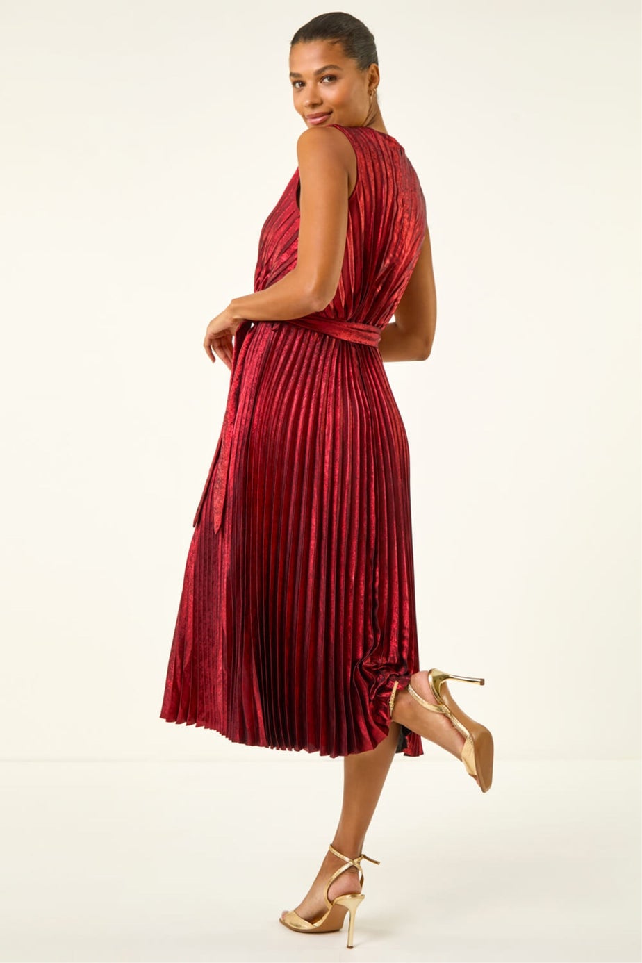 Roman Red Metallic Pleat Belted Midi Dress