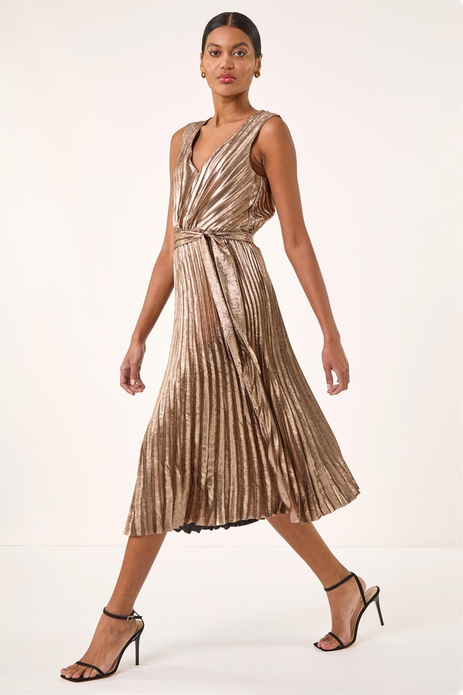 Roman Gold Metallic Pleat Belted Midi Dress