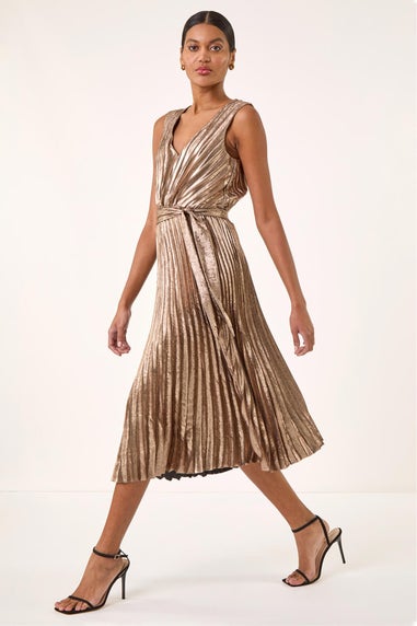 Roman Gold Metallic Pleat Belted Midi Dress