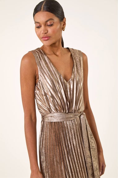 Roman Gold Metallic Pleat Belted Midi Dress