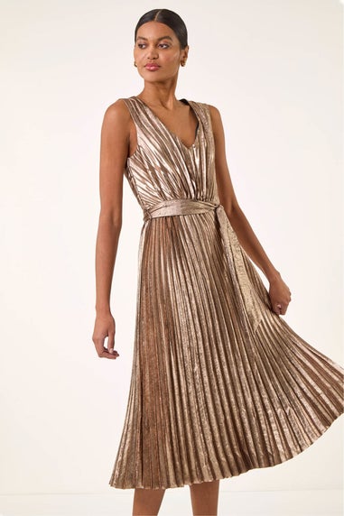 Roman Gold Metallic Pleat Belted Midi Dress