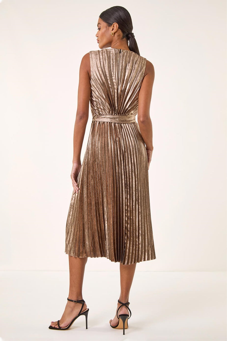Roman Gold Metallic Pleat Belted Midi Dress