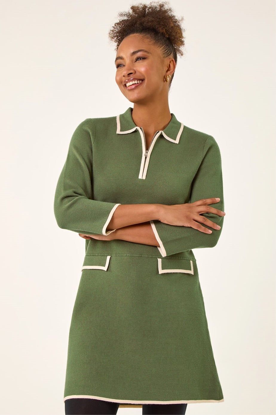 Roman Khaki Contrast Zip Collared Knit Dress