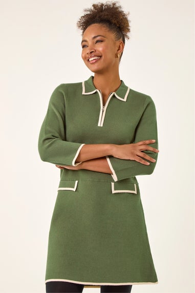 Roman Khaki Contrast Zip Collared Knit Dress