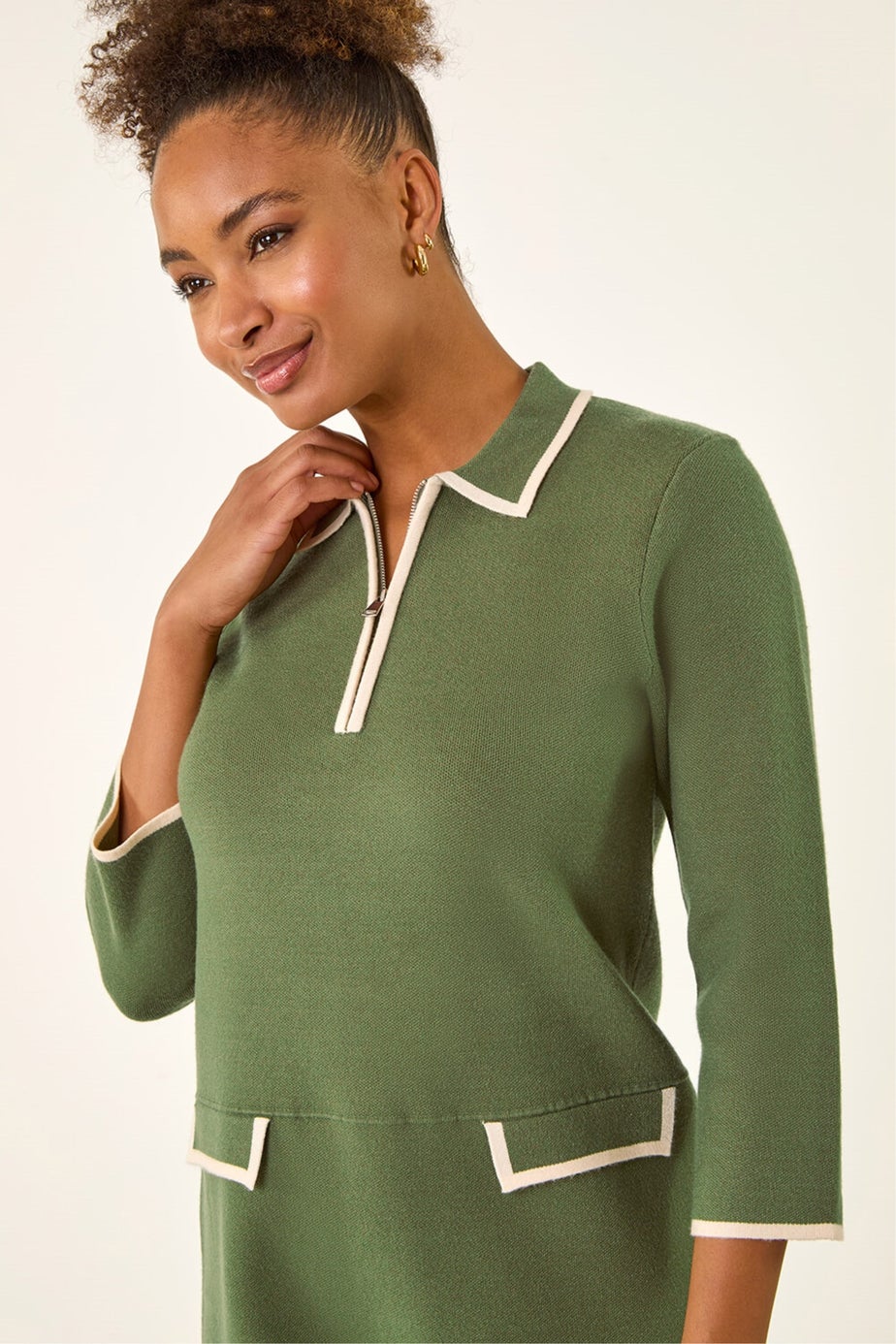Roman Khaki Contrast Zip Collared Knit Dress