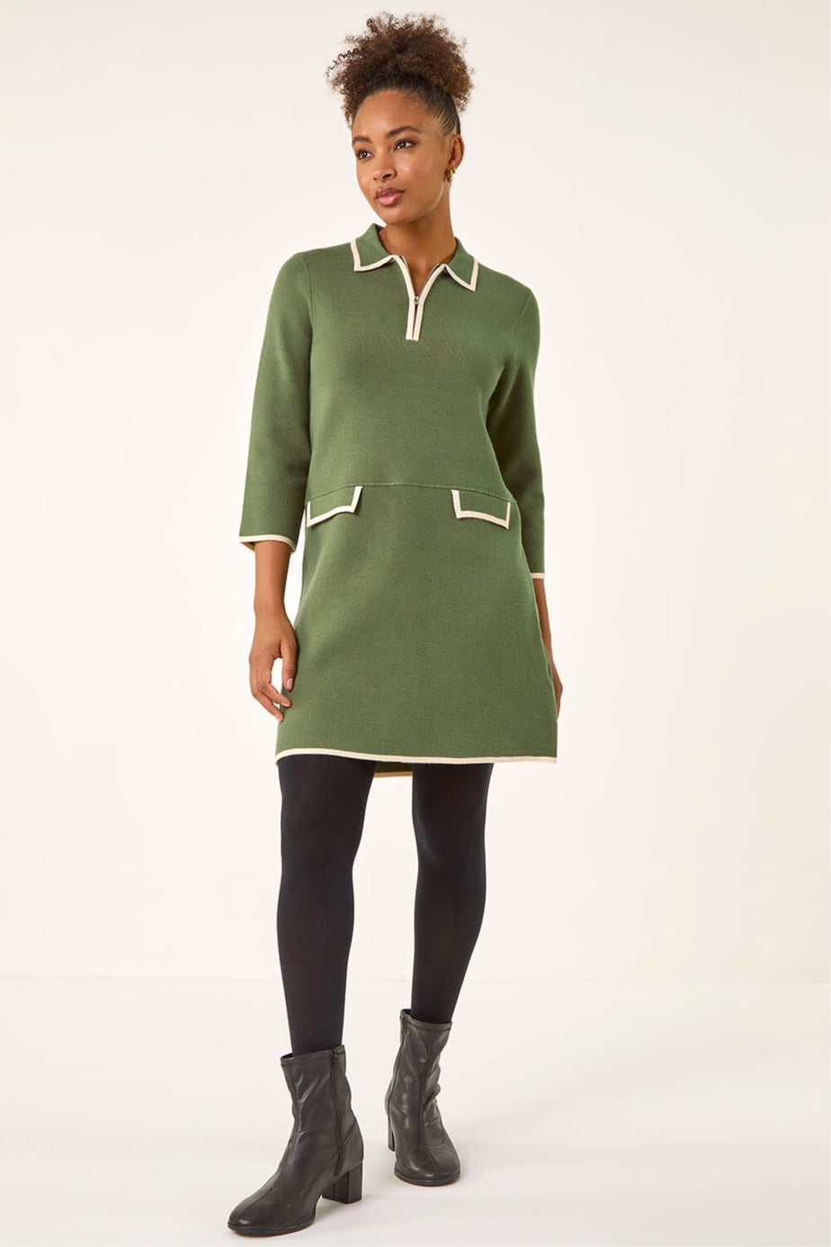 Roman Khaki Contrast Zip Collared Knit Dress