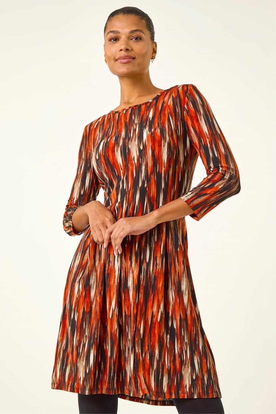 Roman Orange Abstract Print Panel Stretch Dress