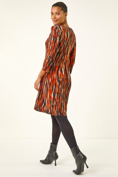 Roman Orange Abstract Print Panel Stretch Dress