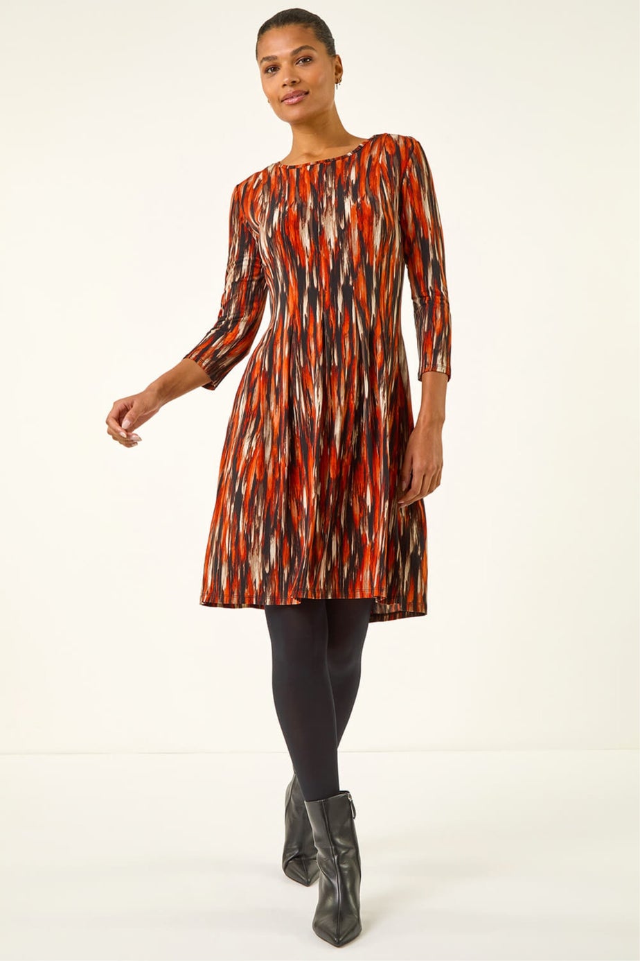 Roman Orange Abstract Print Panel Stretch Dress