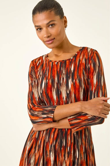Roman Orange Abstract Print Panel Stretch Dress