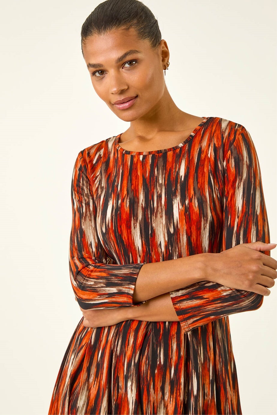 Roman Orange Abstract Print Panel Stretch Dress