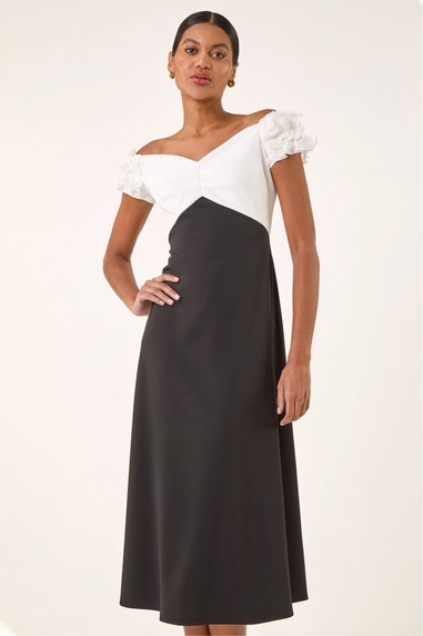Roman Black Frill Contrast Bardot Dress