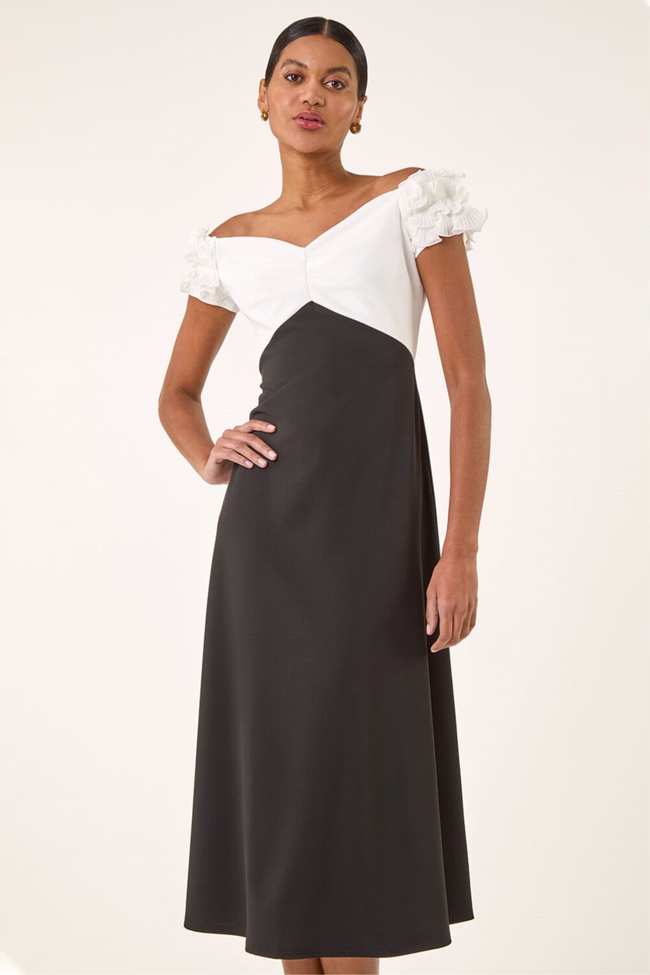 Roman Black Frill Contrast Bardot Dress