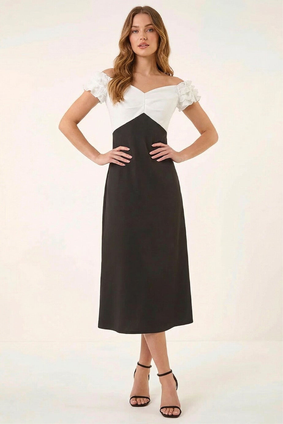 Roman Black Frill Contrast Bardot Dress