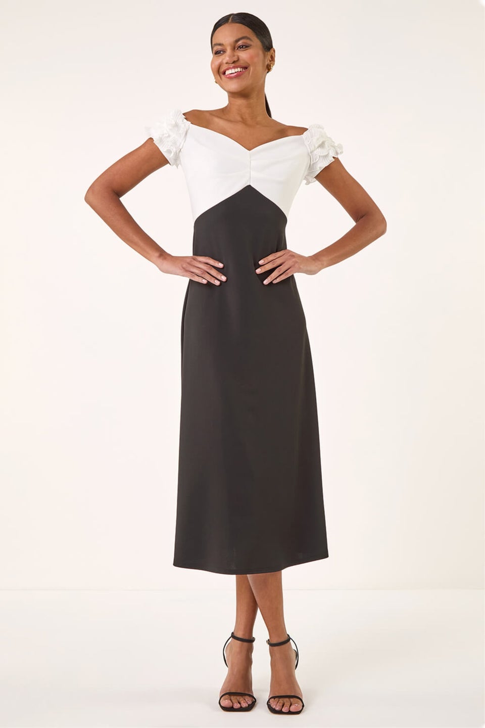 Roman Black Frill Contrast Bardot Dress