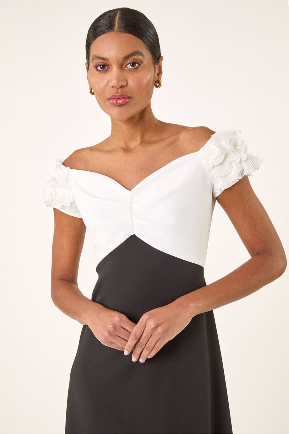 Roman Black Frill Contrast Bardot Dress