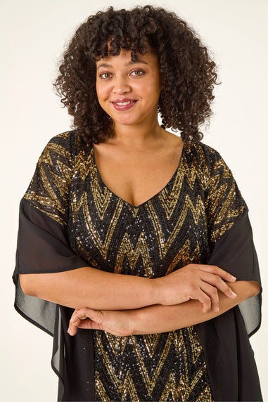 Roman Gold Curve Zig Zag Sequin Overlay Top