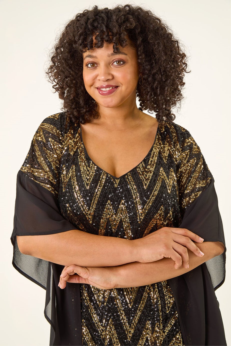 Roman Gold Curve Zig Zag Sequin Overlay Top