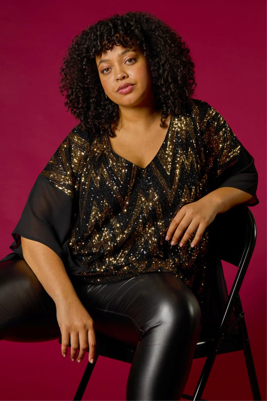 Roman Gold Curve Zig Zag Sequin Overlay Top