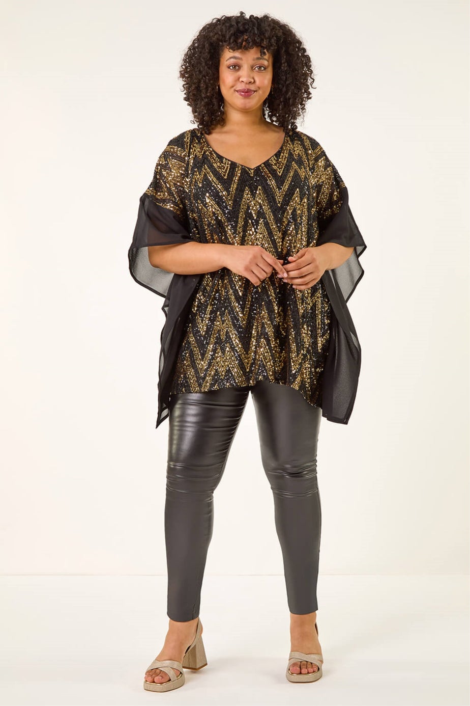 Roman Gold Curve Zig Zag Sequin Overlay Top