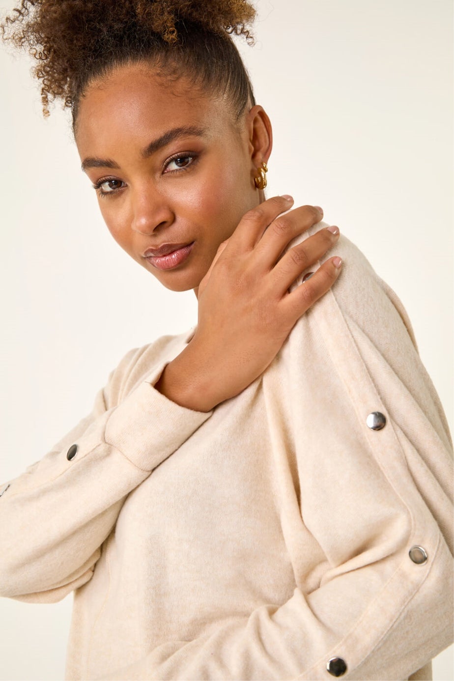 Roman Beige Buttoned Stretch Jersey Top